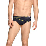 Speedo Infinite Pulse Brief Swimsuit - A black swimsuit with a geometric pattern of yellow and white lines on the front.