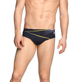 Speedo Infinite Pulse Brief Swimsuit - A black swimsuit with a geometric pattern of yellow and white lines on the front.