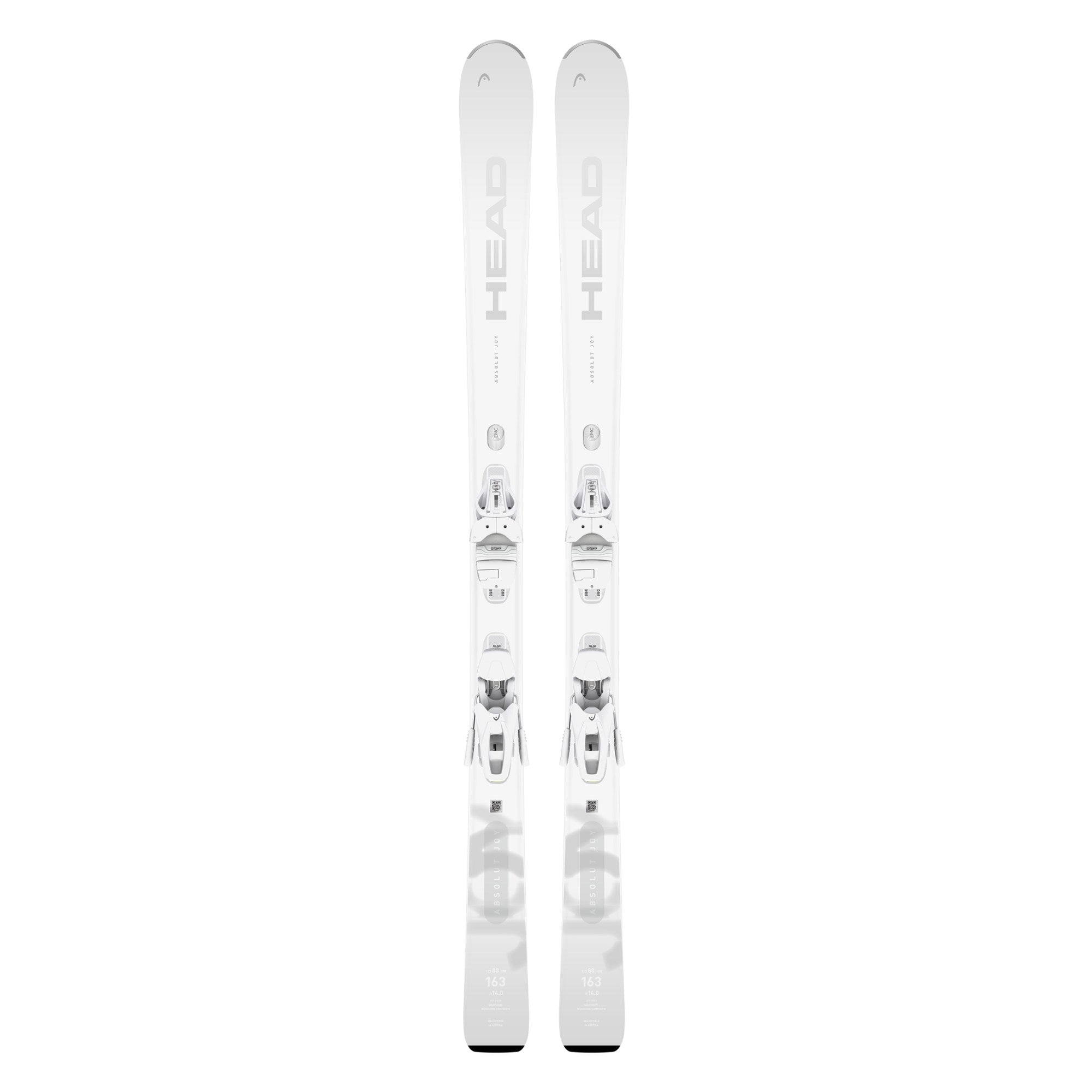 Head Women's ABSOLUT JOY Skis with JOY 9 GW SLR Bindings - White skis with gray bindings and a white logo on the top.