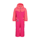 Obermeyer Junior's Quinn Insulated One-Piece Suit 2025 - A bright pink snowsuit with a hood, featuring two zippered pockets on the front and adjustable velcro straps at the wrists.