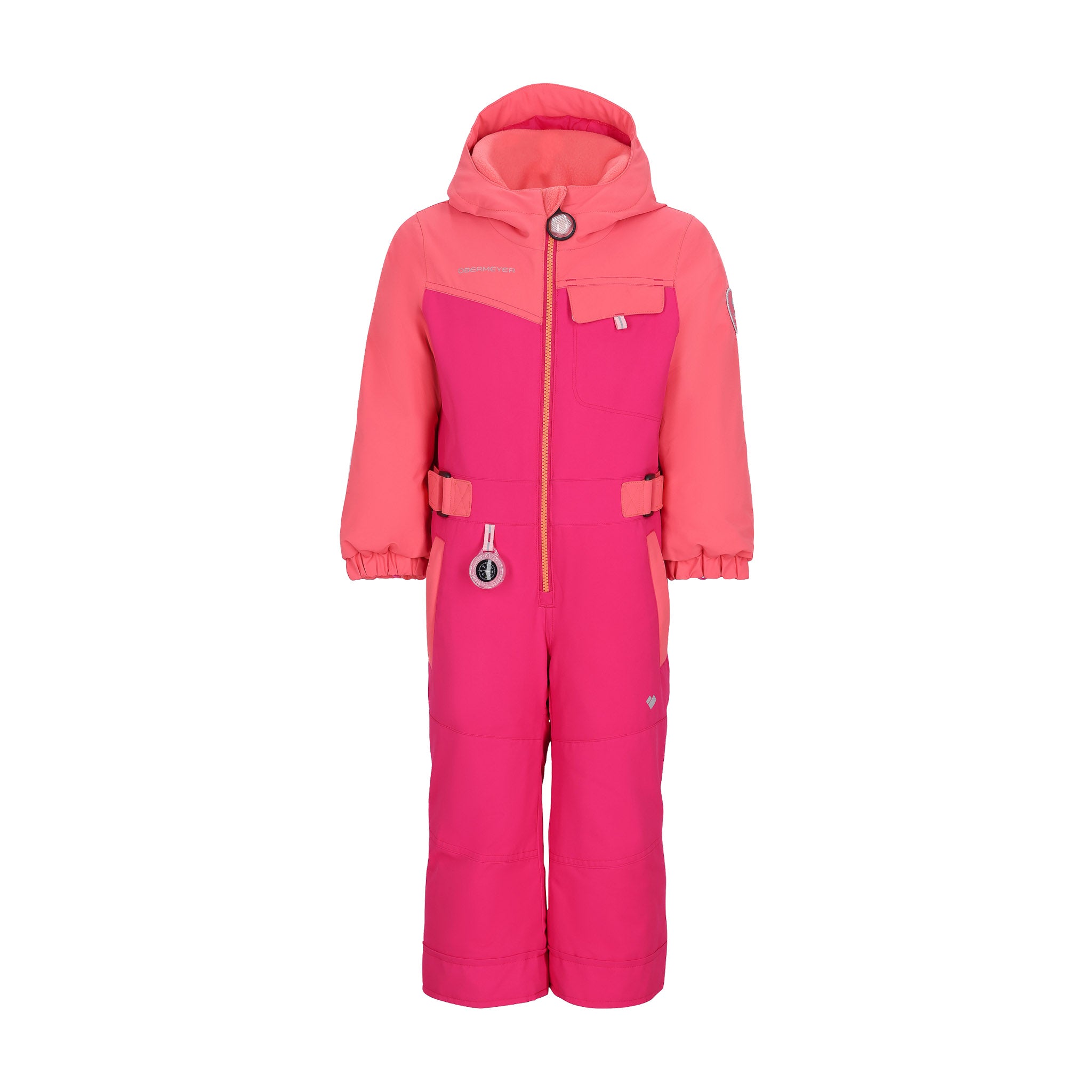 Obermeyer Junior's Quinn Insulated One-Piece Suit 2025 - A bright pink snowsuit with a hood, featuring two zippered pockets on the front and adjustable velcro straps at the wrists.