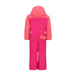 Obermeyer Junior's Quinn Insulated One-Piece Suit 2025 - A bright pink snowsuit with a hood, featuring two zippered pockets on the back and white stripes on the arms.