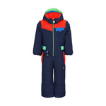 Obermeyer Junior's Quinn Insulated One-Piece Suit 2025 - A navy blue snowsuit with a red chest and shoulder panel, featuring lime green accents on the hood and pockets.