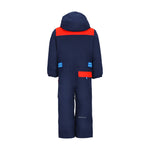 Obermeyer Junior's Quinn Insulated One-Piece Suit 2025 - A navy blue snowsuit with a red stripe across the chest and two front pockets.