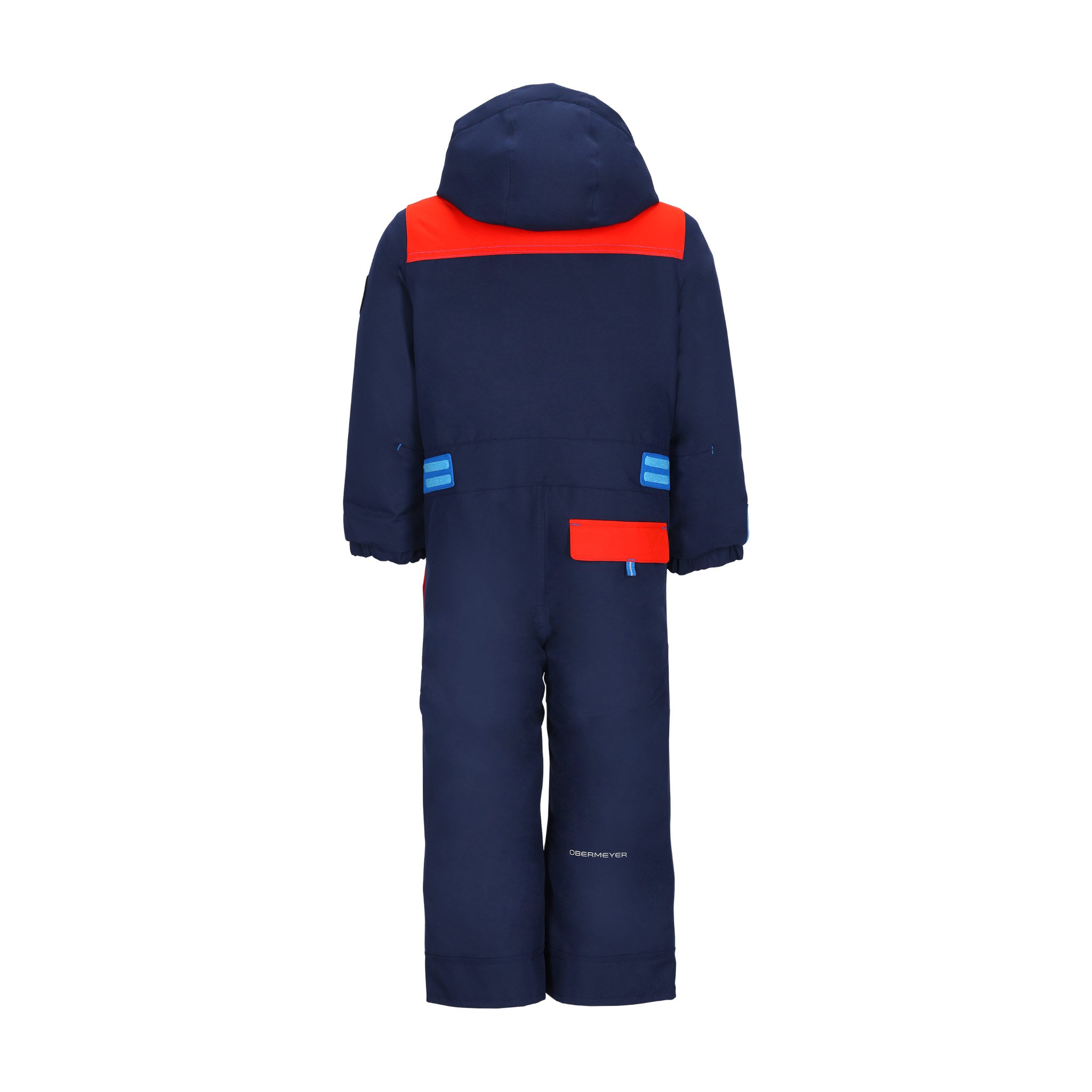 Obermeyer Junior's Quinn Insulated One-Piece Suit 2025 - A navy blue snowsuit with a red stripe across the chest and two front pockets.