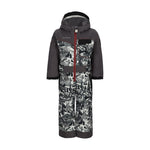 Obermeyer Junior's Quinn Insulated One-Piece Suit 2025 - A black and white snowsuit with a pattern of skiers, trees, and mountains.