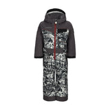Obermeyer Junior's Quinn Insulated One-Piece Suit 2025 - A black and white snowsuit with a pattern of skiers, trees, and mountains.