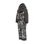 Obermeyer Junior's Quinn Insulated One-Piece Suit 2025 - A black and white snowsuit with a pattern of skiers, trees, and mountains.