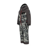 Obermeyer Junior's Quinn Insulated One-Piece Suit 2025 - A black and white snowsuit with a pattern of skiers, trees, and mountains.