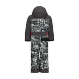 Obermeyer Junior's Quinn Insulated One-Piece Suit 2025 - A black and white snowsuit with a forest pattern, featuring a hood and red buckles on the side.