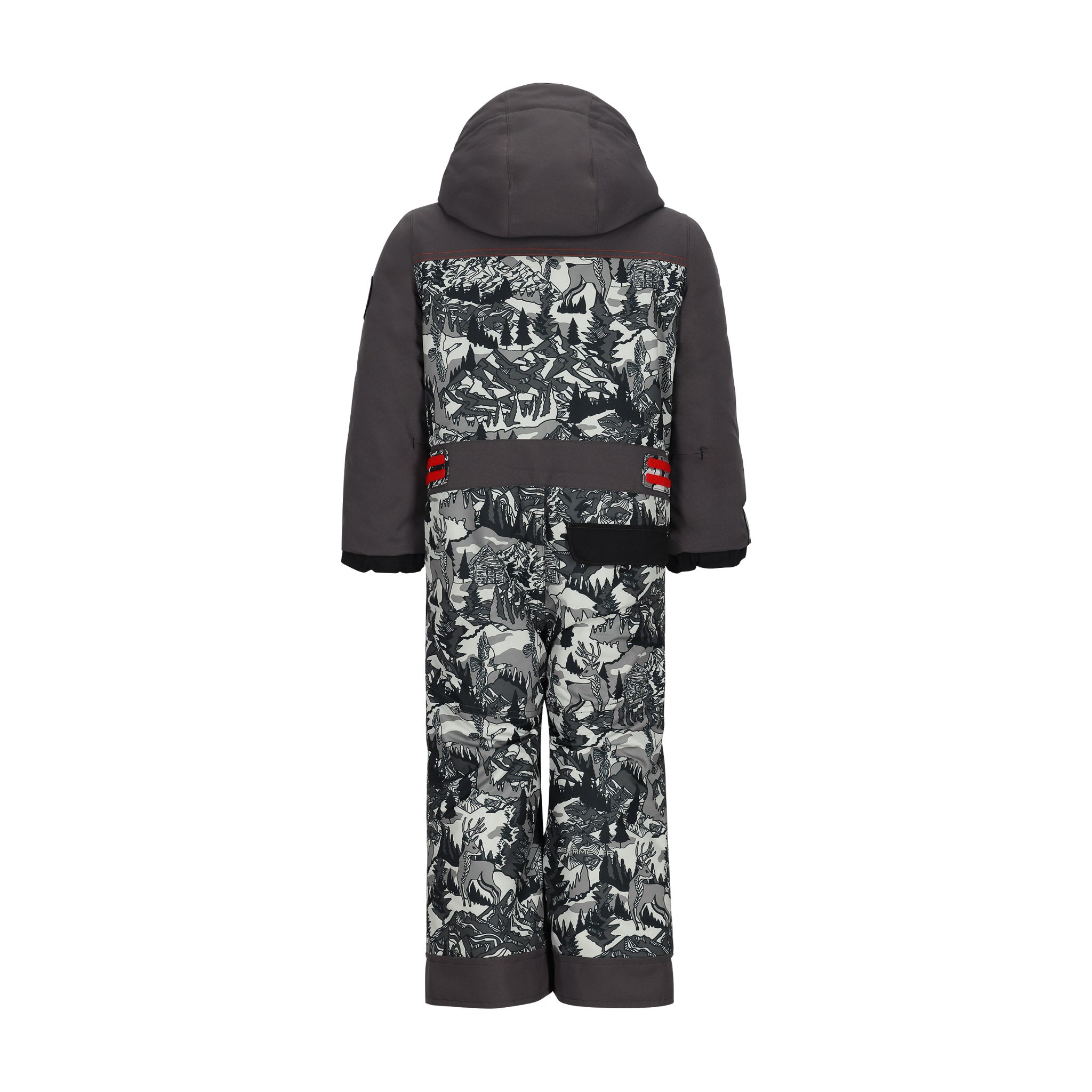 Obermeyer Junior's Quinn Insulated One-Piece Suit 2025 - A black and white snowsuit with a forest pattern, featuring a hood and red buckles on the side.