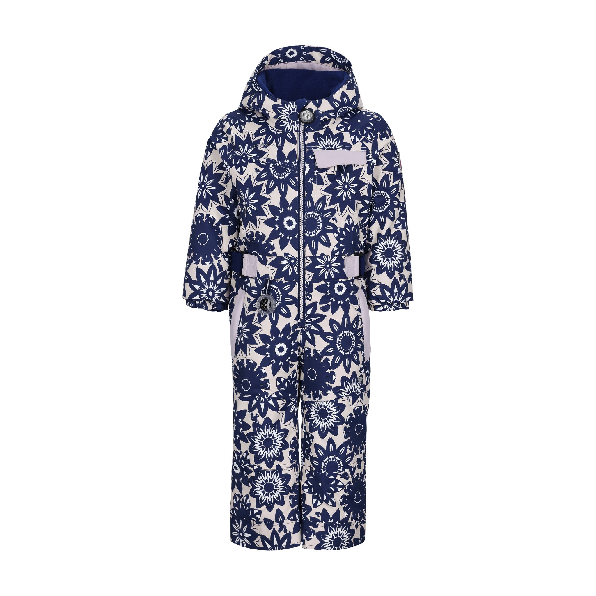 Obermeyer Junior's Quinn Insulated One-Piece Suit 2025 - A navy blue snowsuit with a white floral pattern and a hood, featuring a zipper down the front.