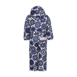 Obermeyer Junior's Quinn Insulated One-Piece Suit 2025 - A white snowsuit with a navy floral pattern and a hood, featuring two gray stripes on each sleeve.