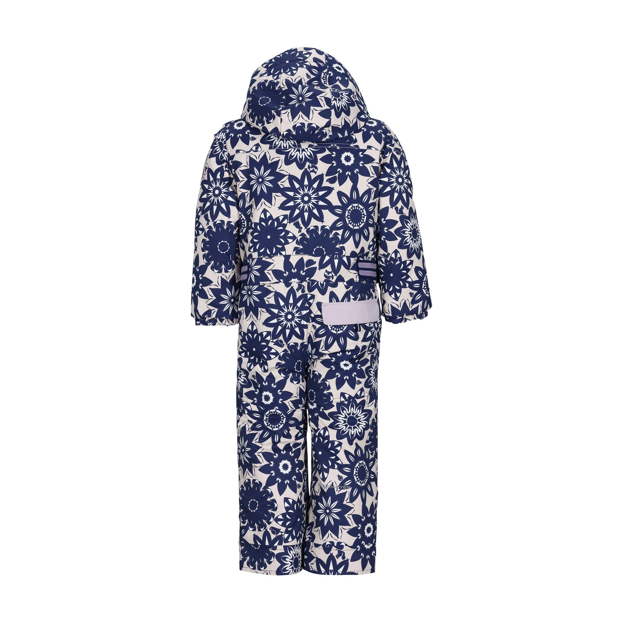 Obermeyer Junior's Quinn Insulated One-Piece Suit 2025 - A white snowsuit with a navy floral pattern and a hood, featuring two gray stripes on each sleeve.