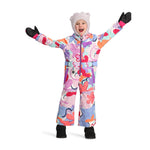 Obermeyer Junior's Quinn Insulated One-Piece Suit 2025 - A pastel pink snowsuit with a white abstract pattern, featuring purple and orange accents.