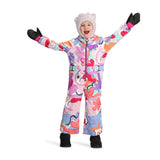 Obermeyer Junior's Quinn Insulated One-Piece Suit 2025 - A pastel pink snowsuit with a white abstract pattern, featuring purple and orange accents.