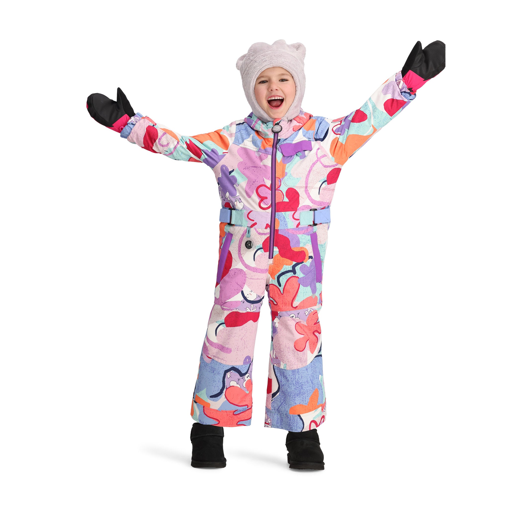 Obermeyer Junior's Quinn Insulated One-Piece Suit 2025 - A pastel pink snowsuit with a white abstract pattern, featuring purple and orange accents.