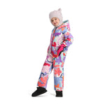 Obermeyer Junior's Quinn Insulated One-Piece Suit 2025 - A pastel blue snowsuit with a white and pink abstract floral pattern, featuring a hood and zip closure.