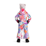 Obermeyer Junior's Quinn Insulated One-Piece Suit 2025 - A pastel blue snowsuit with a pink and purple abstract pattern, featuring a hood and black trim.