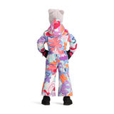 Obermeyer Junior's Quinn Insulated One-Piece Suit 2025 - A pastel blue snowsuit with a pink and purple abstract pattern, featuring a hood and black trim.