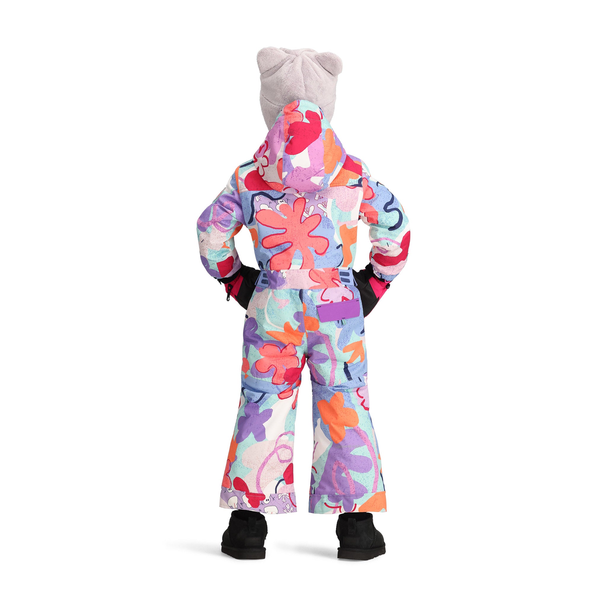 Obermeyer Junior's Quinn Insulated One-Piece Suit 2025 - A pastel blue snowsuit with a pink and purple abstract pattern, featuring a hood and black trim.