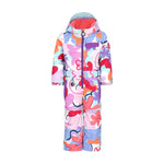 Obermeyer Junior's Quinn Insulated One-Piece Suit 2025 - A white snowsuit with a colorful abstract pattern of pink, purple, red, and blue shapes.