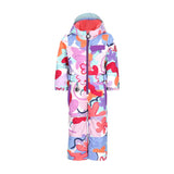 Obermeyer Junior's Quinn Insulated One-Piece Suit 2025 - A white snowsuit with a colorful abstract pattern of pink, purple, red, and blue shapes.