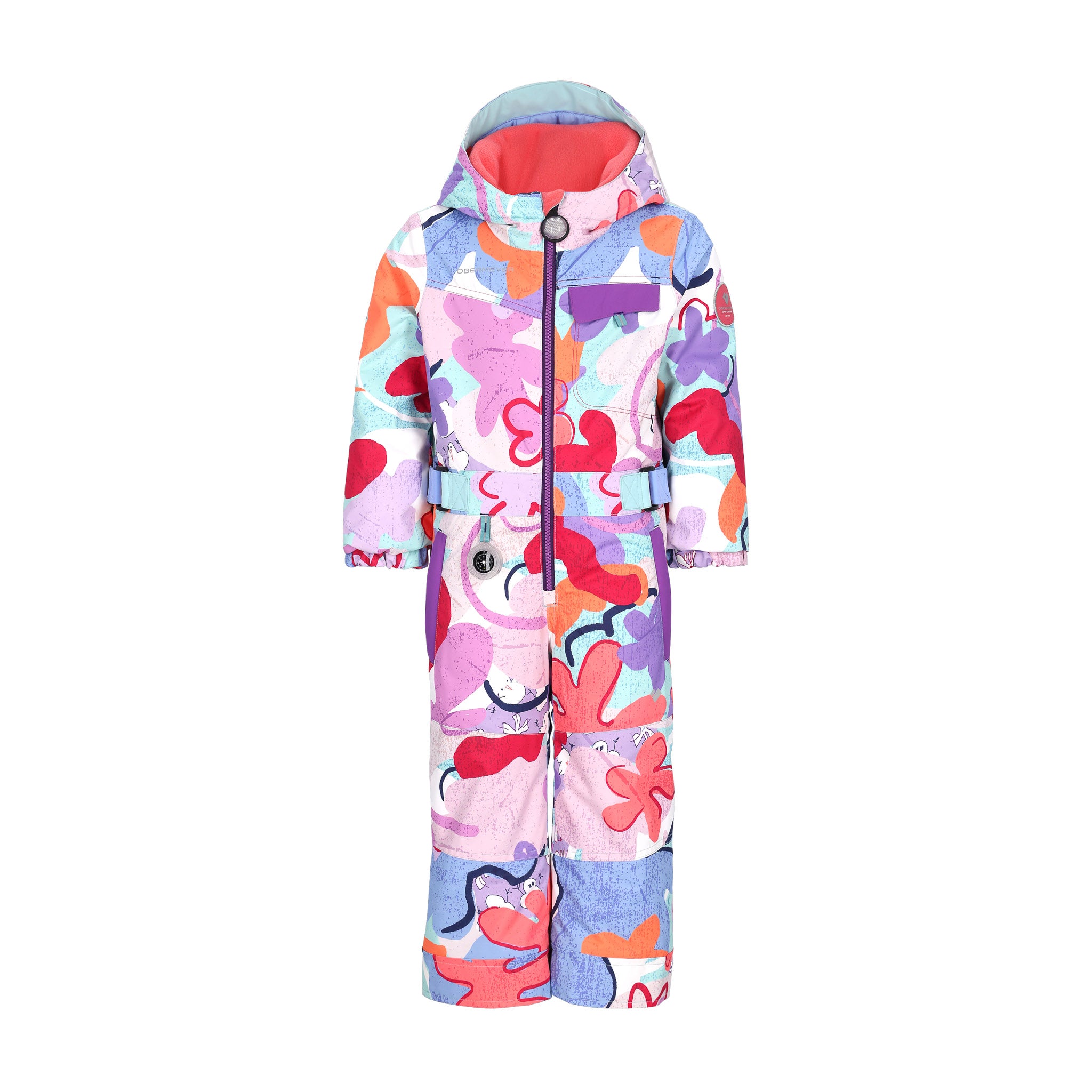 Obermeyer Junior's Quinn Insulated One-Piece Suit 2025 - A white snowsuit with a colorful abstract pattern of pink, purple, red, and blue shapes.