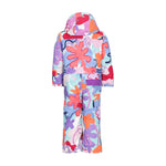 Obermeyer Junior's Quinn Insulated One-Piece Suit 2025 - A pastel blue snowsuit with a purple and pink abstract pattern, featuring a hood and long sleeves.