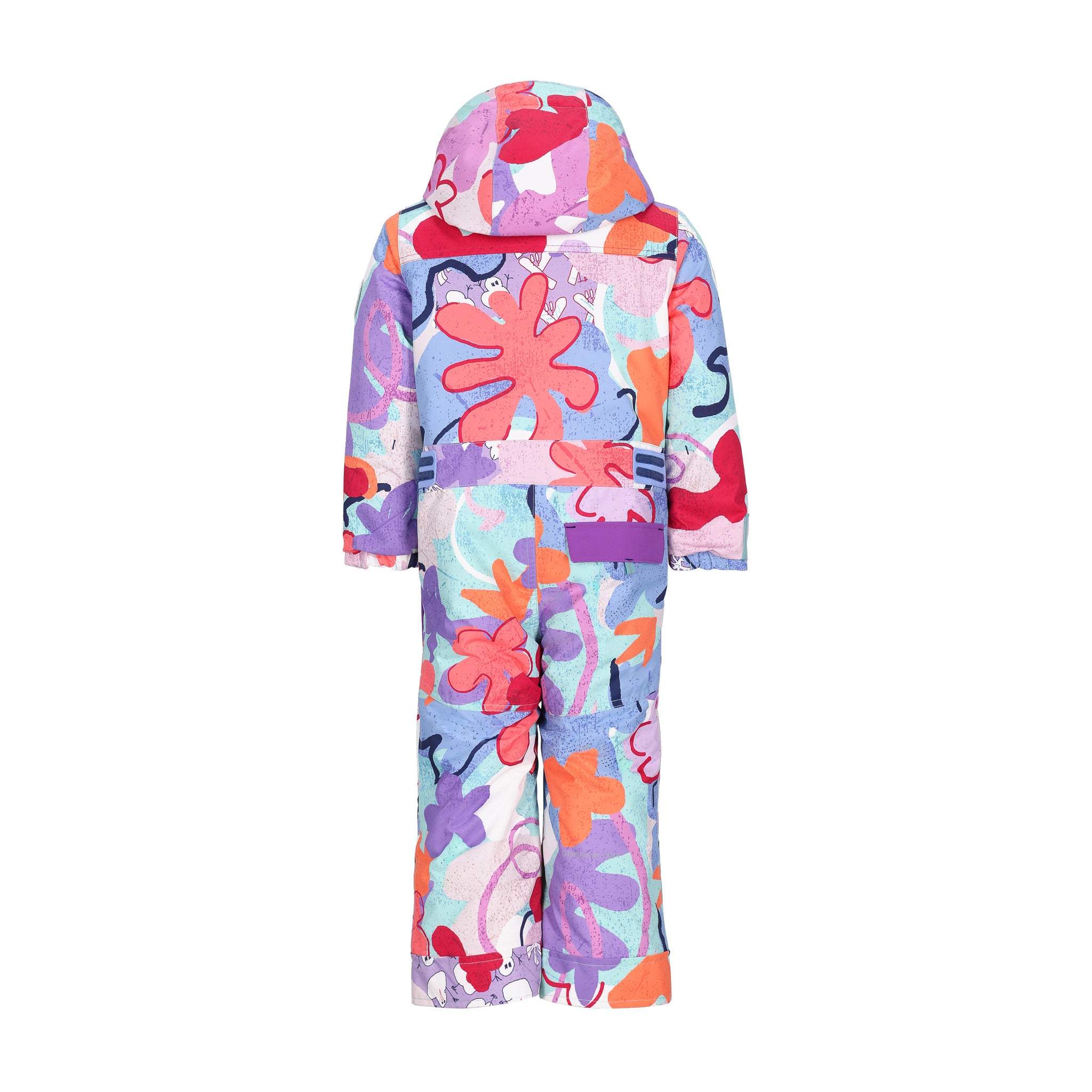 Obermeyer Junior's Quinn Insulated One-Piece Suit 2025 - A pastel blue snowsuit with a purple and pink abstract pattern, featuring a hood and long sleeves.