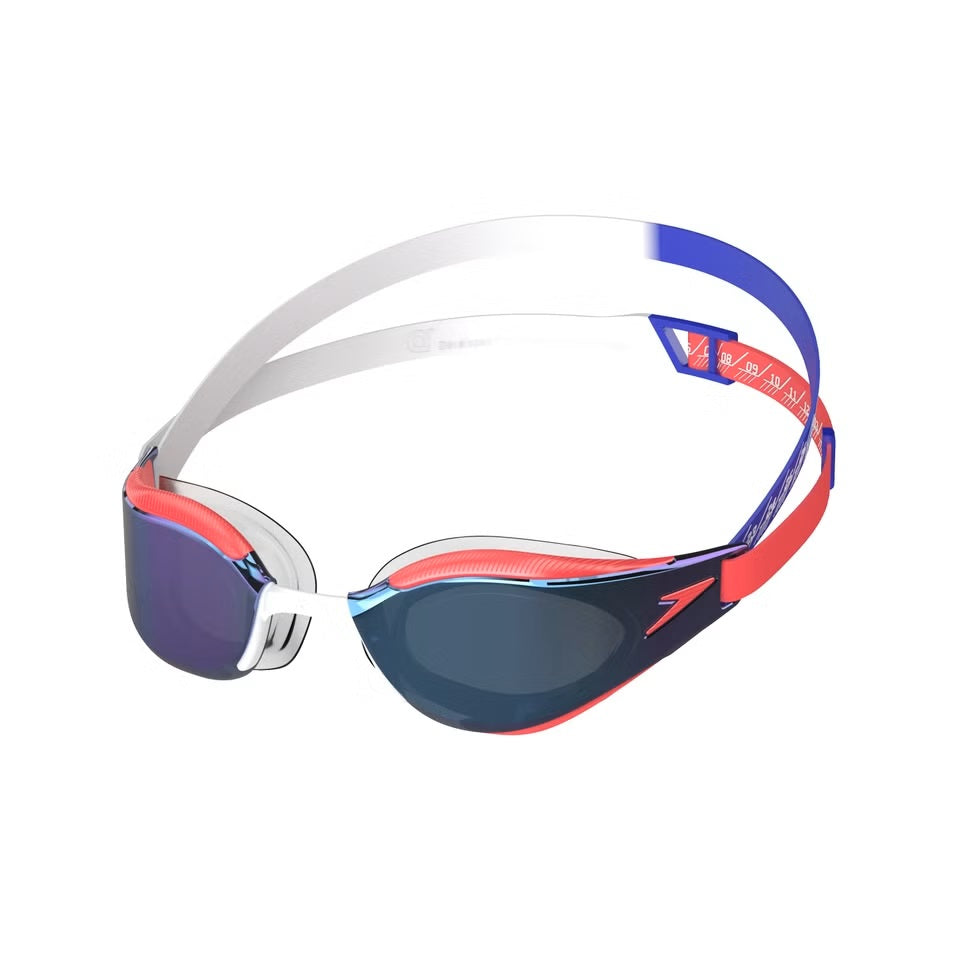 Speedo Fastskin Hyper Elite Mirror Goggle - A mirrored lens goggle with a sleek, aerodynamic design and a strap that wraps around the head.