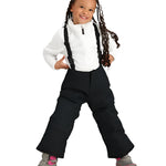 Obermeyer Junior's Frosty Insulated Suspender Pant 2025 - Black snow pants with adjustable suspenders and a zippered pocket on the side.