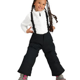 Obermeyer Junior's Frosty Insulated Suspender Pant 2025 - Black snow pants with adjustable suspenders and a zippered pocket on the side.
