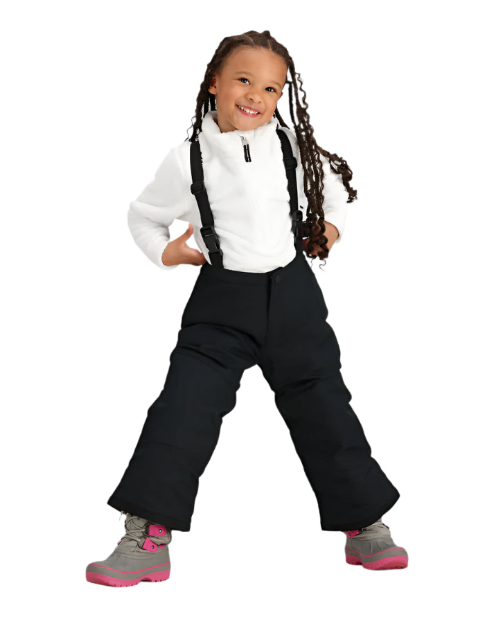 Obermeyer Junior's Frosty Insulated Suspender Pant 2025 - Black snow pants with adjustable suspenders and a zippered pocket on the side.