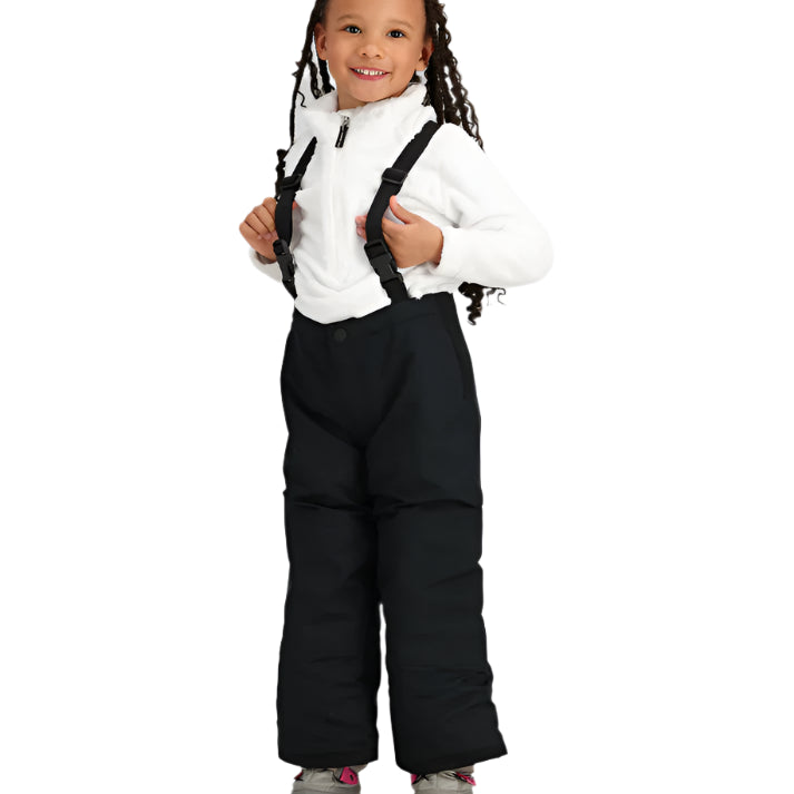 Obermeyer Junior's Frosty Insulated Suspender Pant 2025 - Black insulated snow pants with adjustable suspenders and a zippered pocket on one leg.