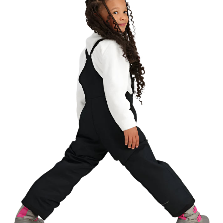 Obermeyer Junior's Frosty Insulated Suspender Pant 2025 - Black snow pants with adjustable suspenders and a white logo on the left leg.