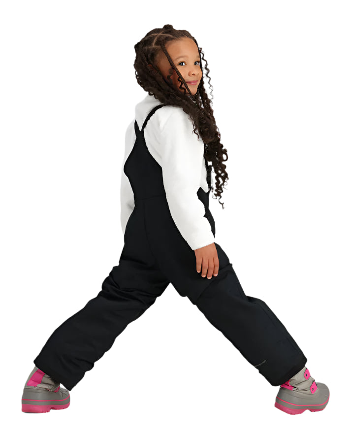 Obermeyer Junior's Frosty Insulated Suspender Pant 2025 - Black snow pants with adjustable suspenders and a white logo on the left leg.