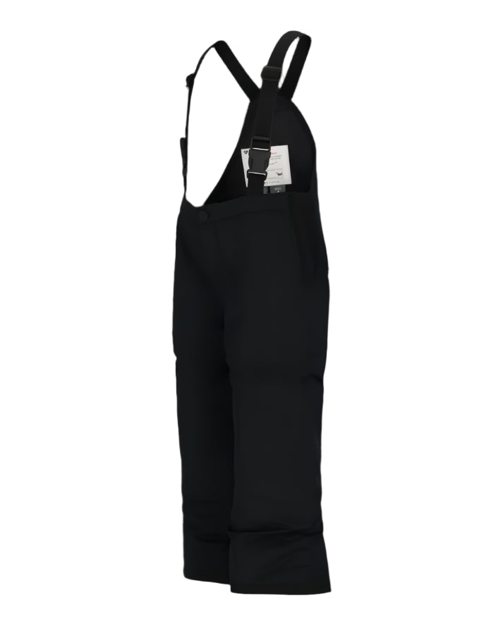 Obermeyer Junior's Frosty Insulated Suspender Pant 2025 - Black snow pants with adjustable suspenders and a white tag on the back waistband.