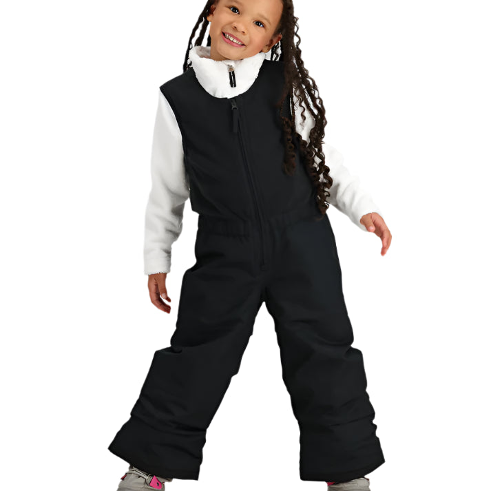 Obermeyer Junior's Outer Limits Insulated Bib 2025 - A black insulated snowsuit with a zipper down the front and two zippered pockets on the side.