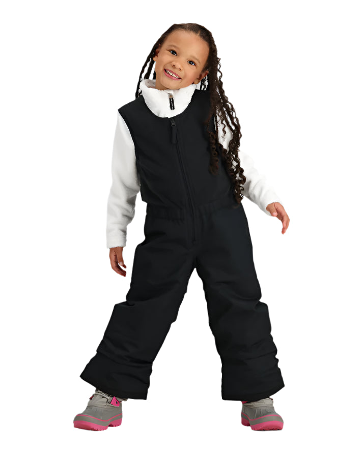 Obermeyer Junior's Outer Limits Insulated Bib 2025 - A black insulated snowsuit with a zipper down the front and two zippered pockets on the side.