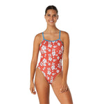 Speedo The One Printed One Piece Swimsuit - A coral-colored one-piece swimsuit with a white floral pattern and blue trim around the edges.