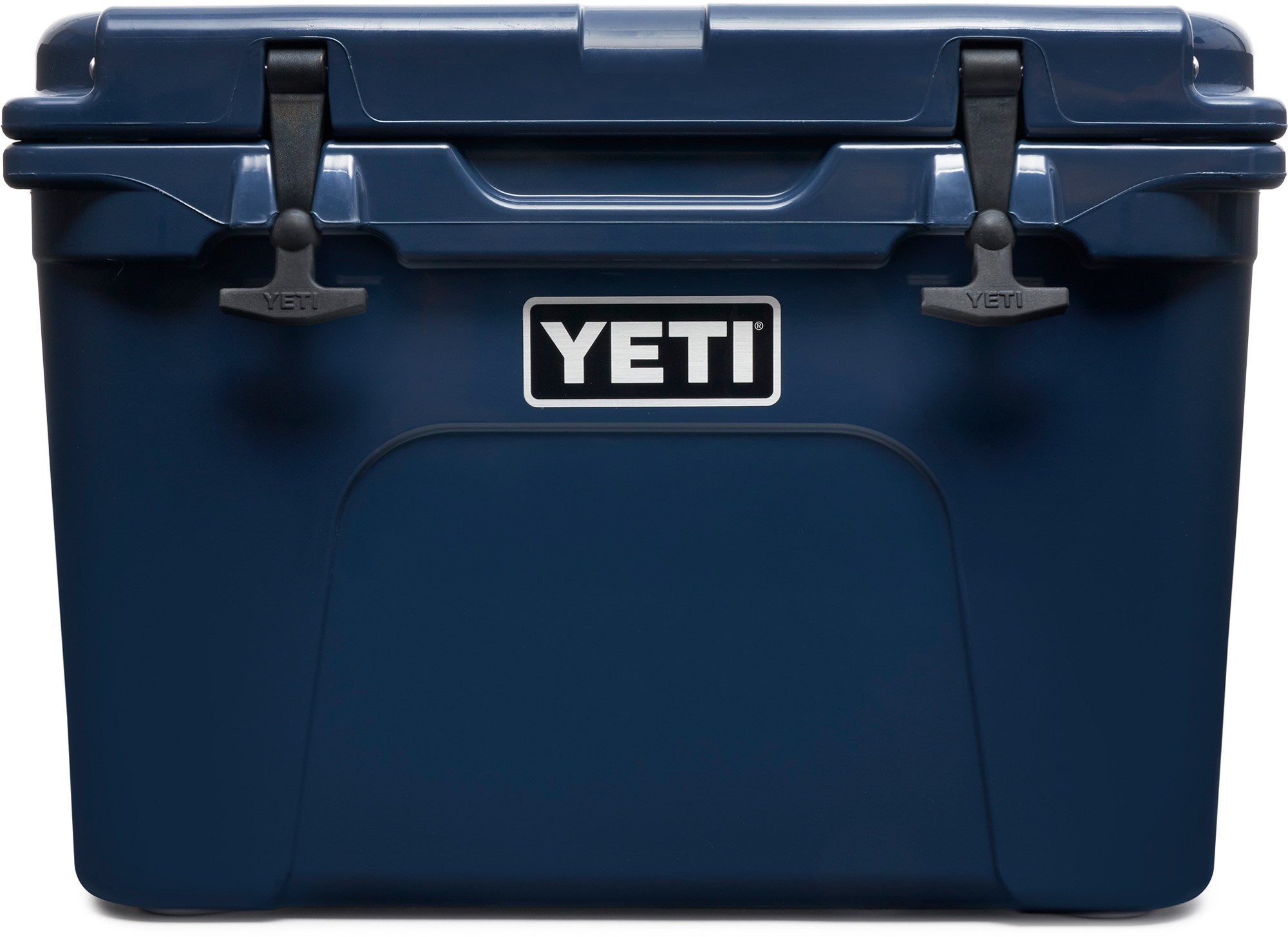 Yeti Tundra 35 Hard Cooler - A navy blue cooler with a handle on top and two latches on either side of it.