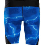 Speedo Static Boom Jammer Swimsuit - A royal blue swimsuit with a geometric pattern of white lines and shapes, featuring a black waistband at the top.