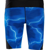 Speedo Static Boom Jammer Swimsuit - A royal blue swimsuit with a geometric pattern of white lines and shapes, featuring a black waistband at the top.