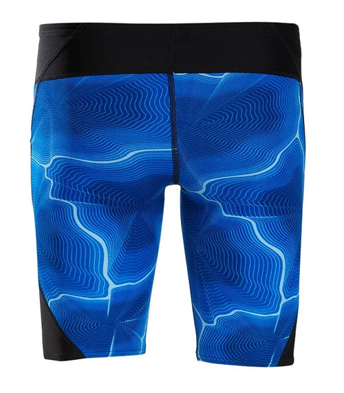 Speedo Static Boom Jammer Swimsuit - A royal blue swimsuit with a geometric pattern of white lines and shapes, featuring a black waistband at the top.