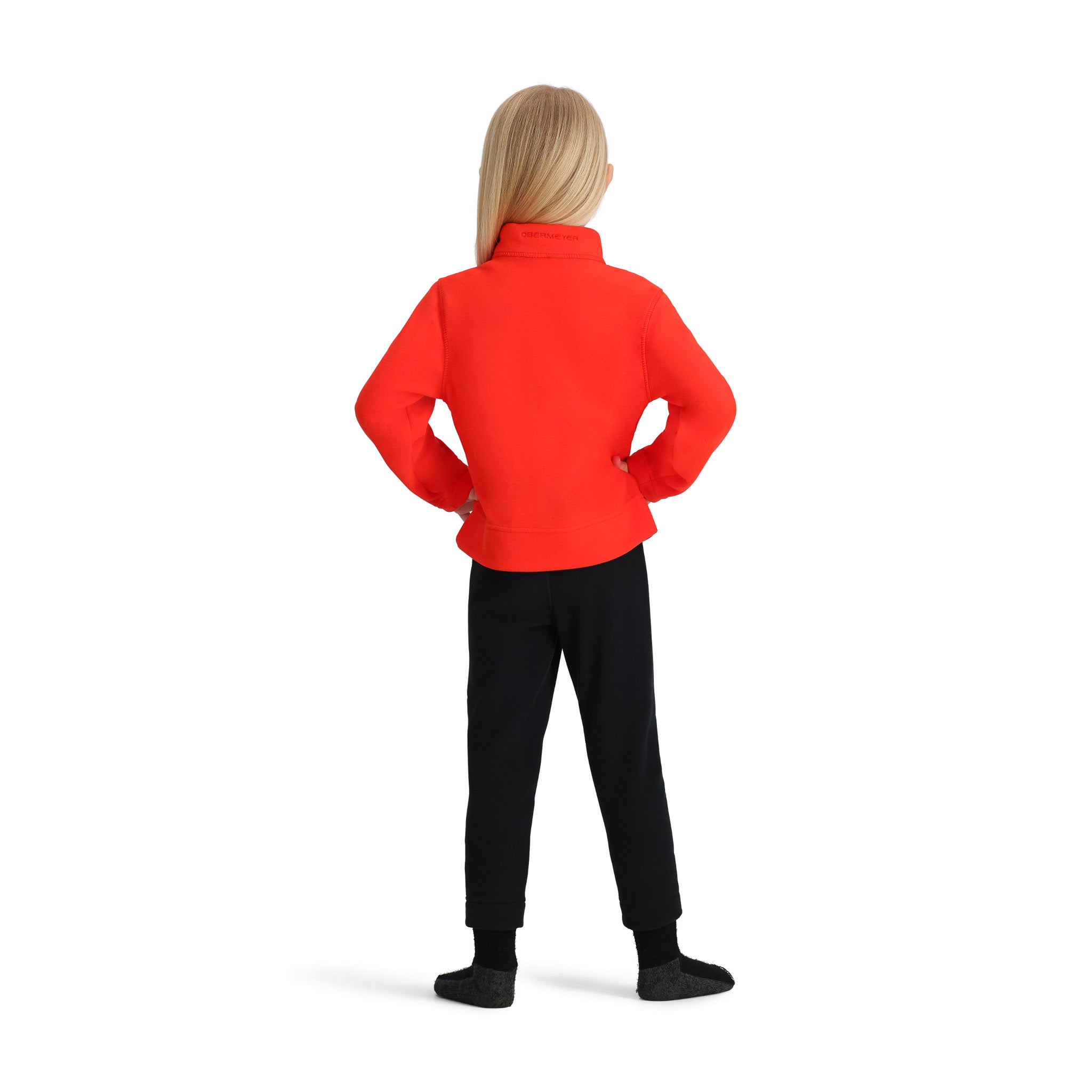 Obermeyer Junior's Ultra Gear Zip Top 2025 - A red zip-up hoodie with a white logo on the chest and black drawstrings.