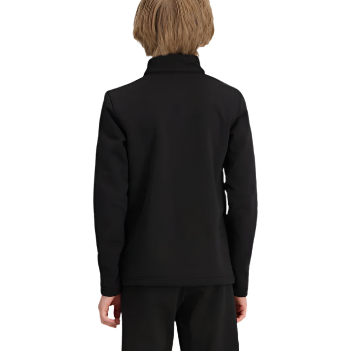 Obermyer Junior's UltraGear Zip Top 2025 - A black zip-up jacket with a high collar and zipper on the front, worn by a young boy with blonde hair.