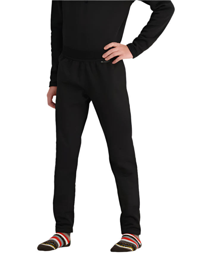 Obermeyer Junior's UltraGear Bottom 2025 - Black snow pants with a white logo on the left thigh and black elastic waistband.