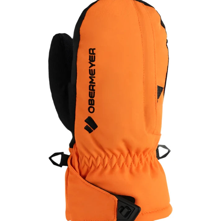Obermeyer Junior's Gauntlet Mitt - A pair of orange mittens with black trim and a black strap on the back.