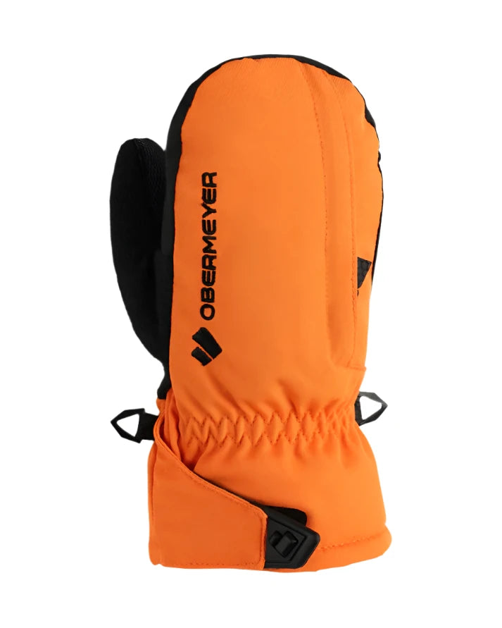 Obermeyer Junior's Gauntlet Mitt - A pair of orange mittens with black trim and a black strap on the back.